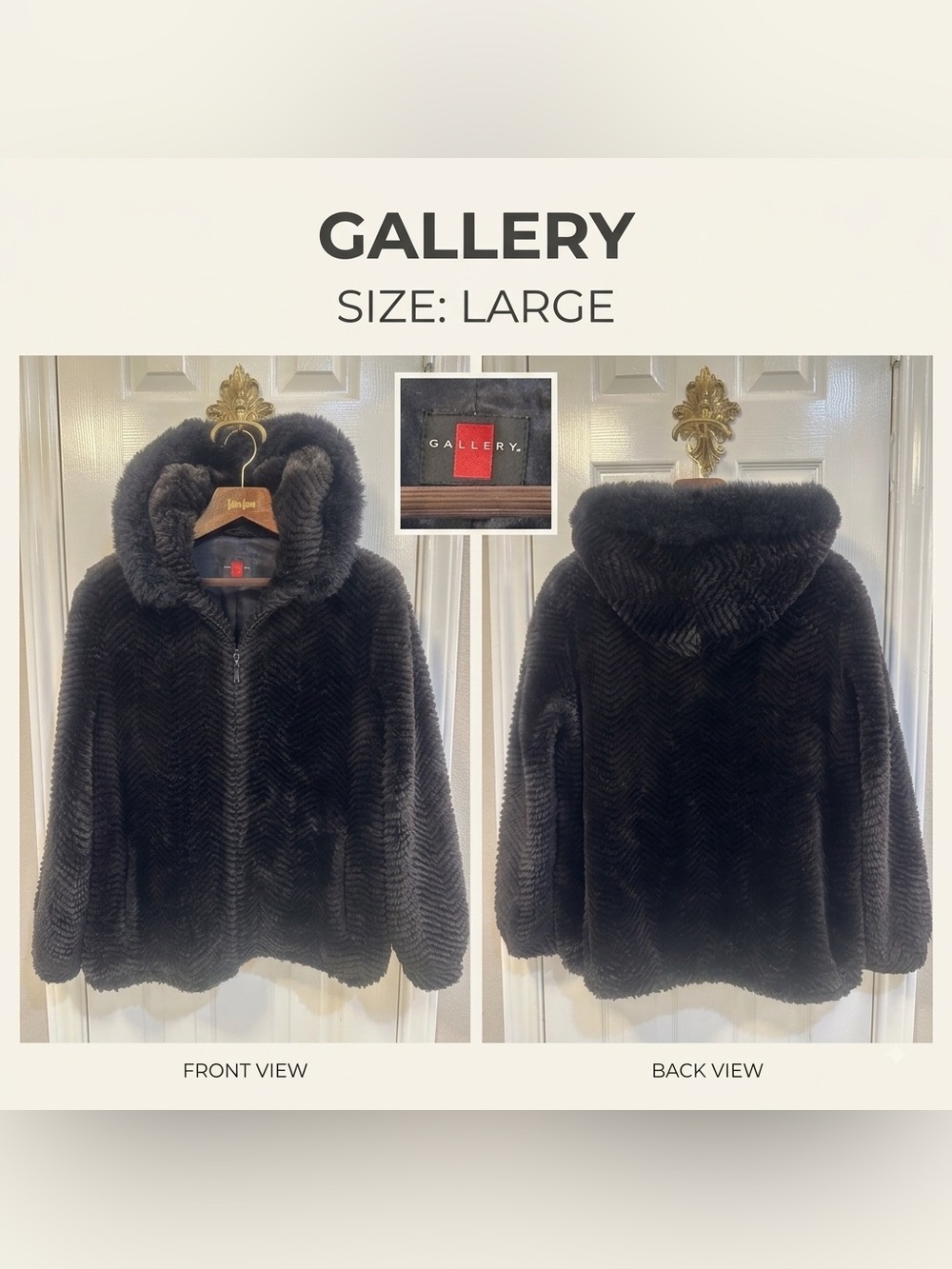 Vintage GALLERY Faux Fur Hooded Jacket Black Chevron Herringbone Pattern Size L